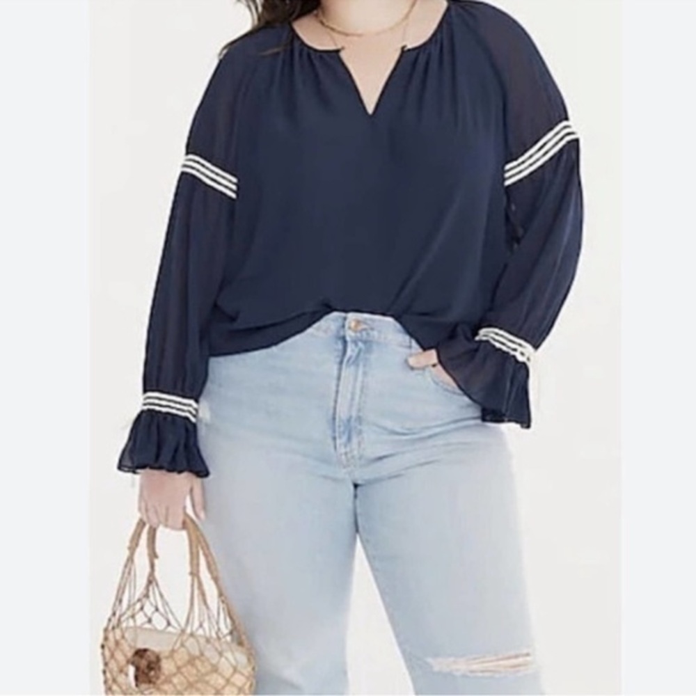 J. Crew Flutter Cuff Crinkle Chiffon‎ Peasant Top Blouse Navy Blue Extra Small